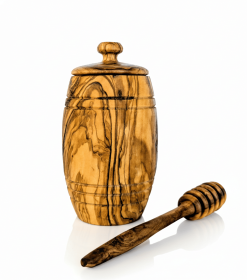 Authentic Olive Wood Honey Pot with Wooden Dipper Set - Hand-Carved Elegant Kitchen Storage Jar and Decorative Honey Dispenser