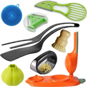 Kitchen Accessories Set (8-Piece) - Premium Cooking Utensils & Gadgets with Bamboo Dish Brush, Avocado Slicer, Garlic Press, Peeler